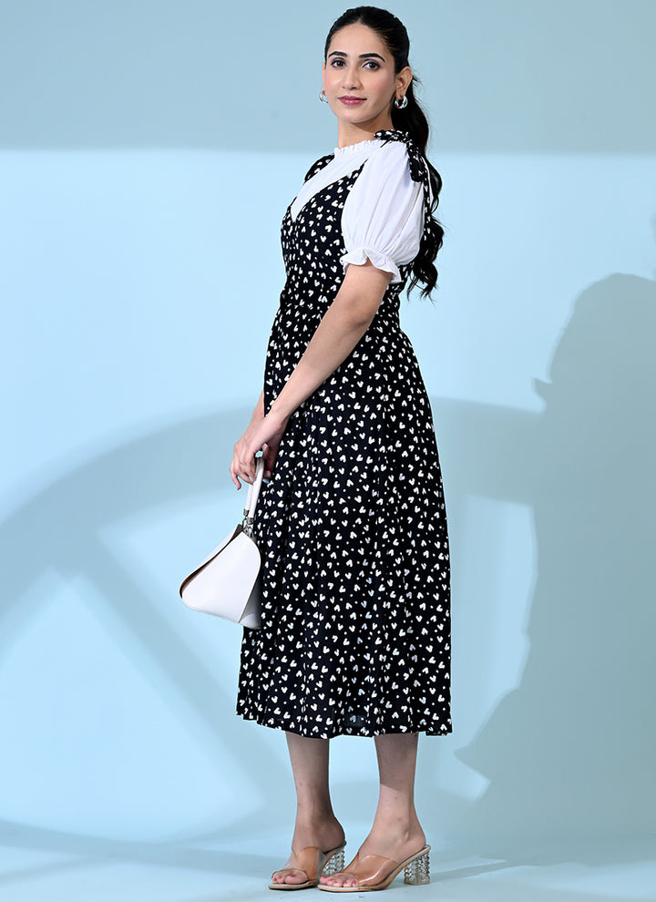 Black Rayon Heart Printed Casual Dungaree Dress