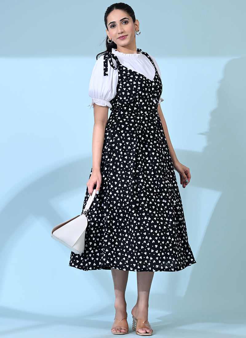Black Rayon Heart Printed Casual Dungaree Dress
