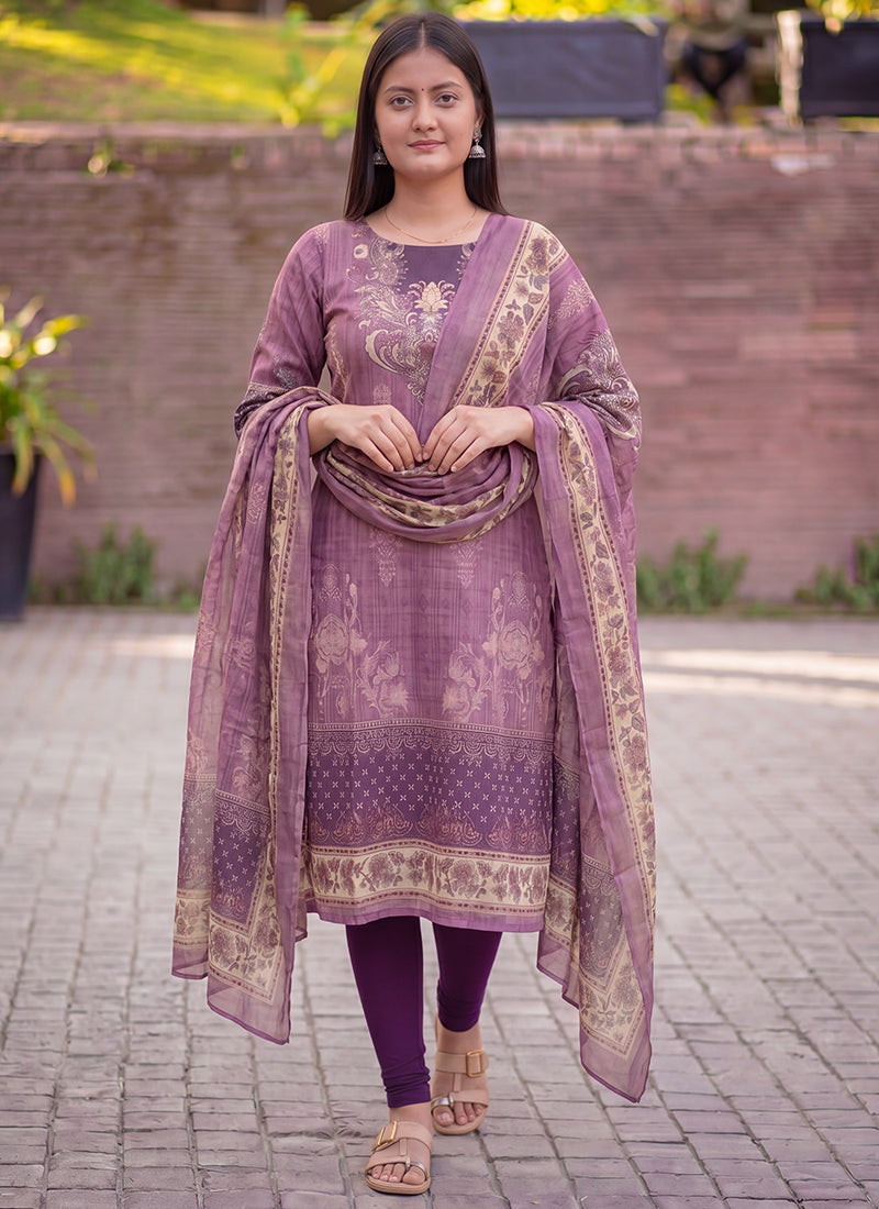 Mauve Jamdani Cotton Straight Fit Kurta And Dupatta