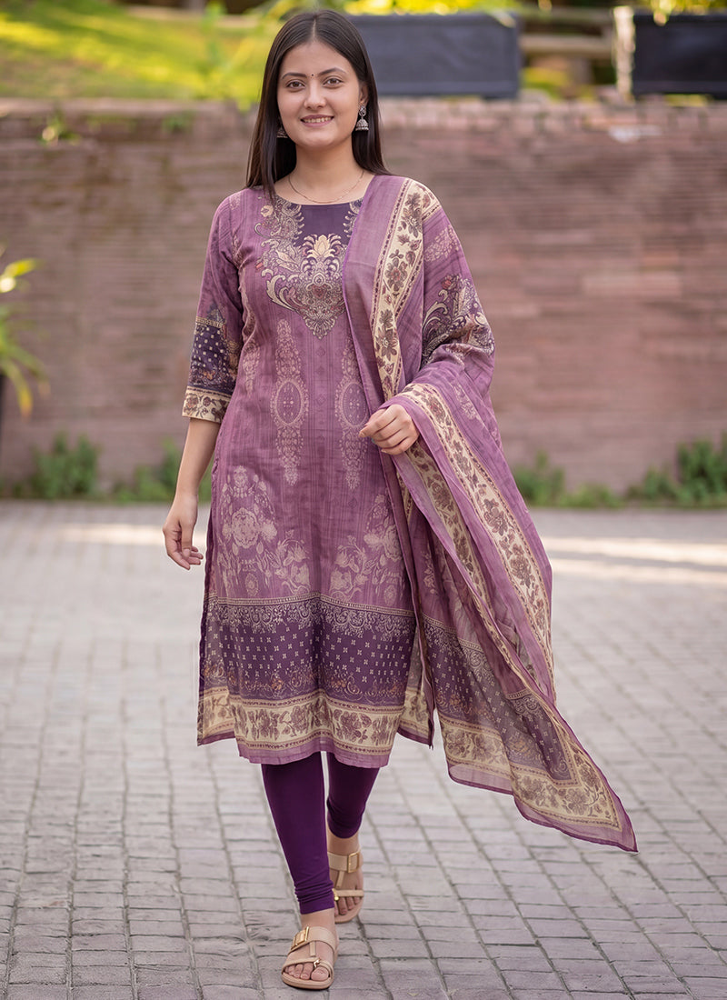 Mauve Jamdani Cotton Straight Fit Kurta And Dupatta