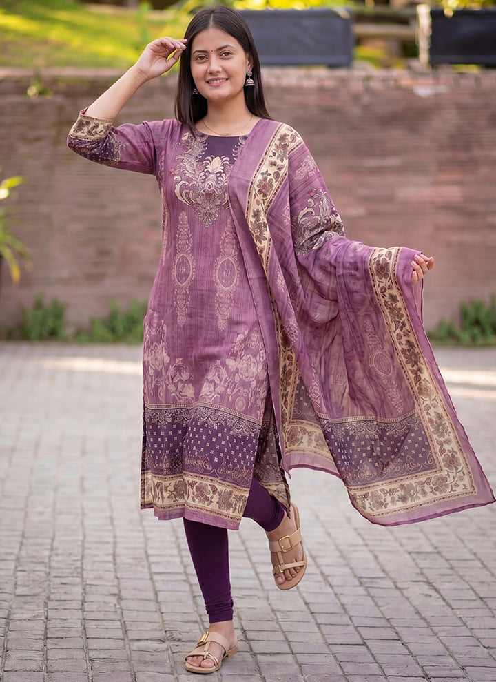 Mauve Jamdani Cotton Straight Fit Kurta And Dupatta