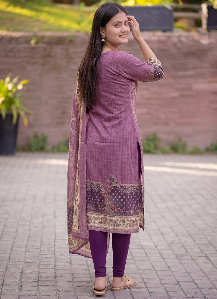 Mauve Jamdani Cotton Straight Fit Kurta And Dupatta