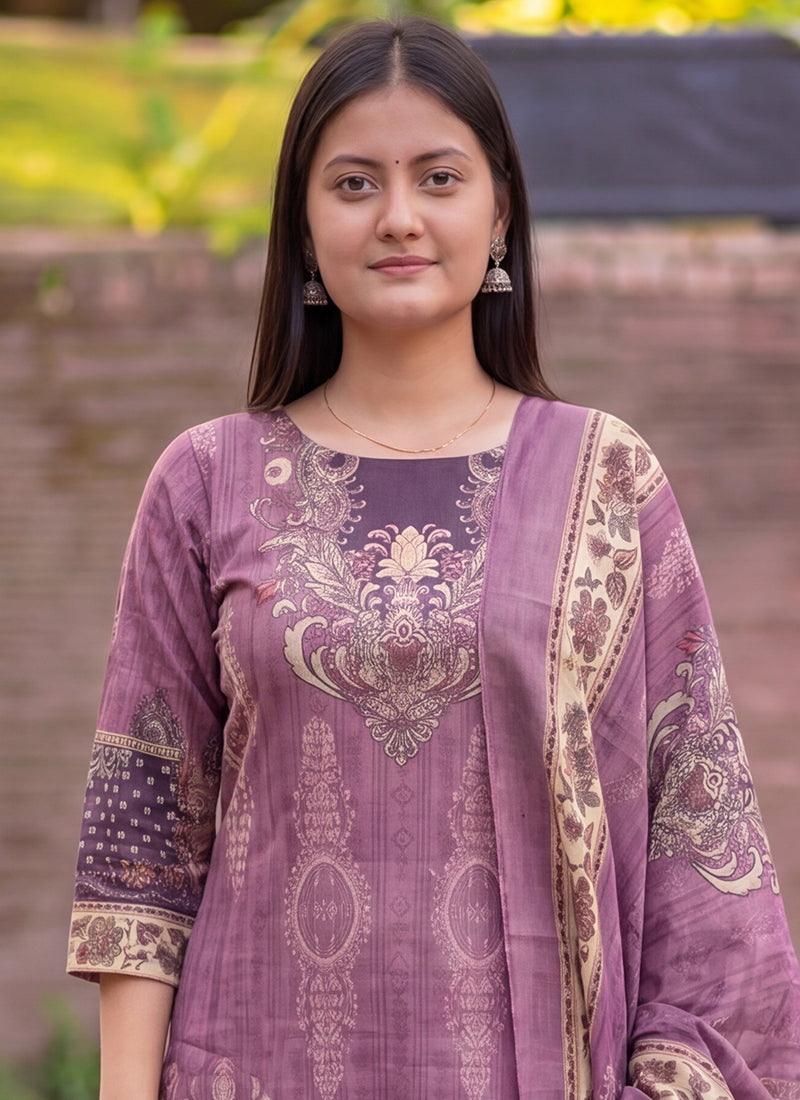 Mauve Jamdani Cotton Straight Fit Kurta And Dupatta