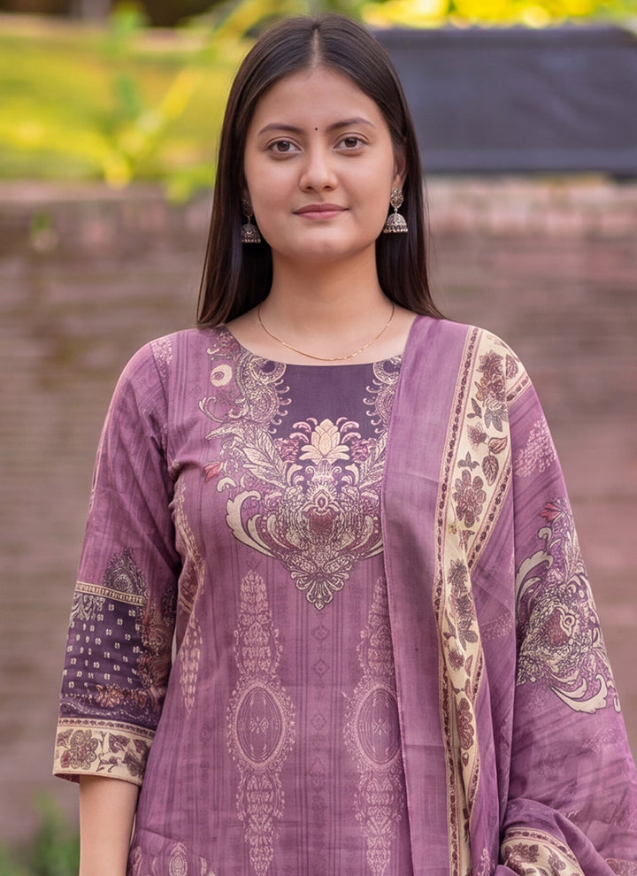 Mauve Jamdani Cotton Straight Fit Kurta And Dupatta