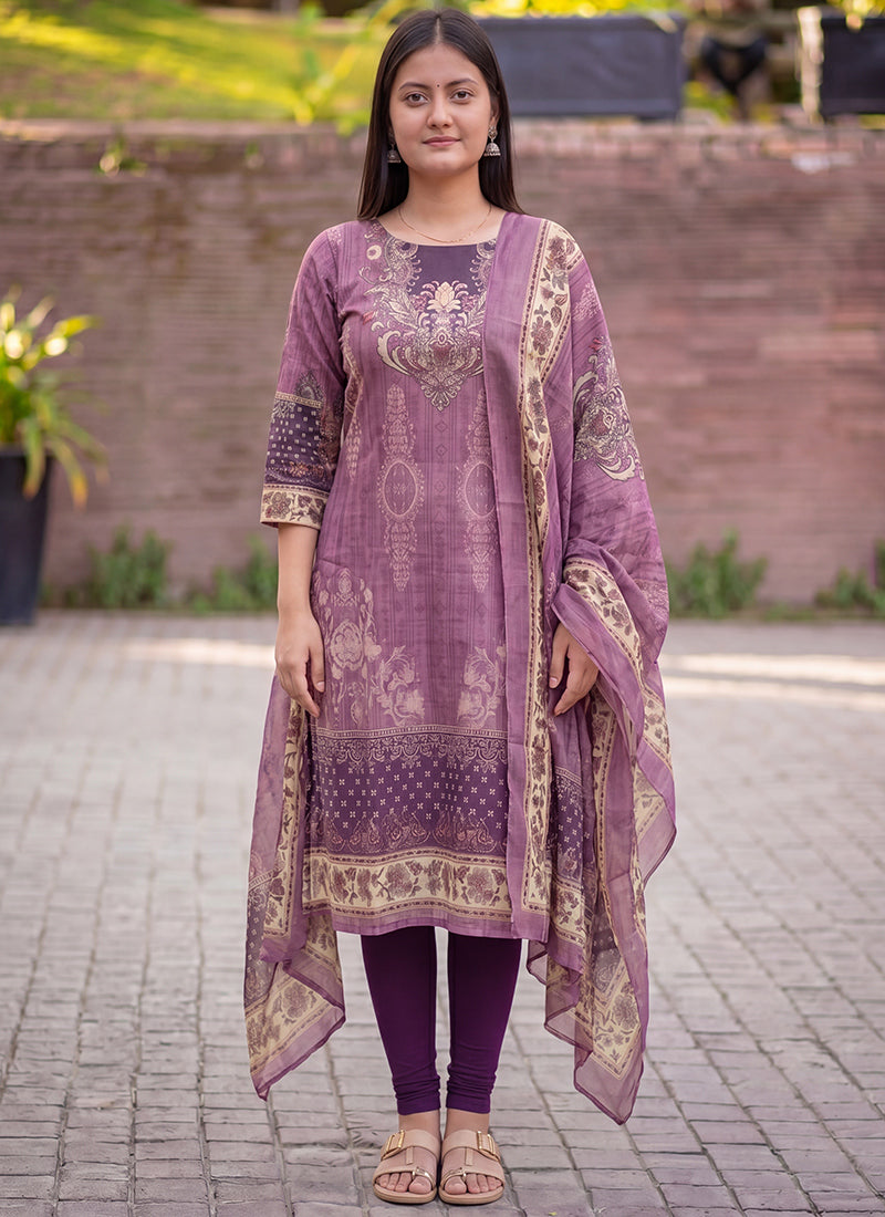 Mauve Jamdani Cotton Straight Fit Kurta And Dupatta