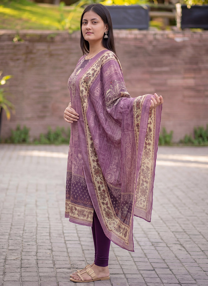 Mauve Jamdani Cotton Straight Fit Kurta And Dupatta
