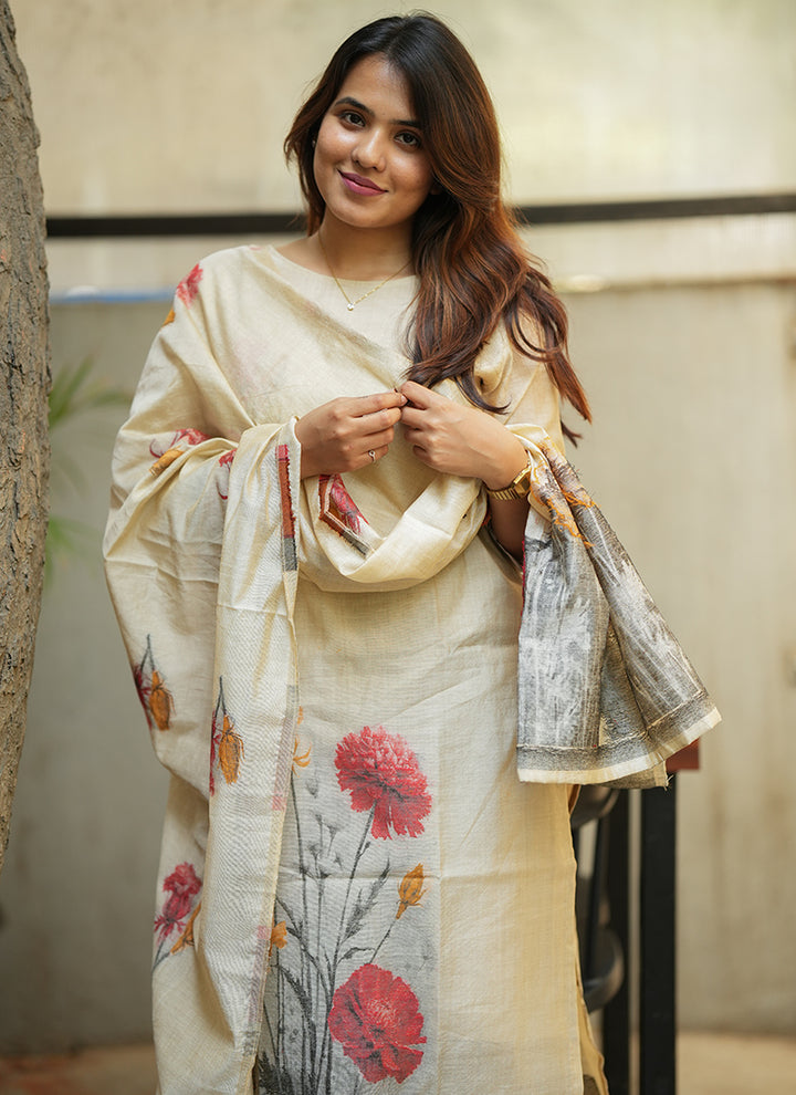 Cream Floral Printed Cotton Kurta And Dupatta
