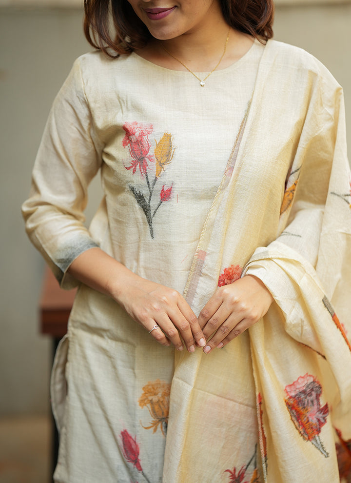 Cream Floral Printed Cotton Kurta And Dupatta