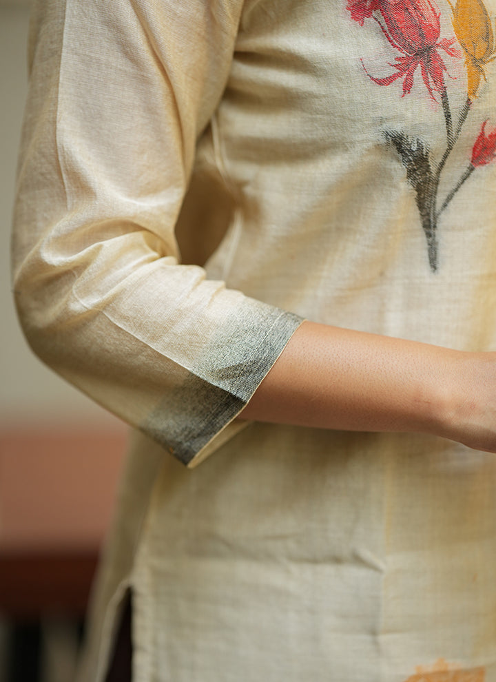 Cream Floral Printed Cotton Kurta And Dupatta