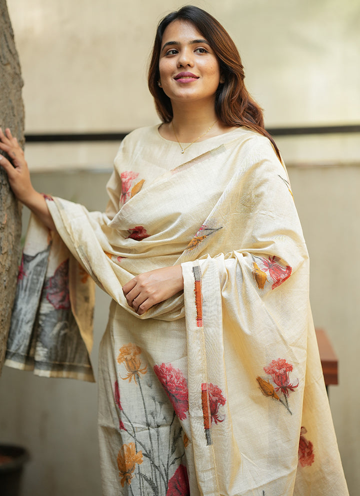 Cream Floral Printed Cotton Kurta And Dupatta