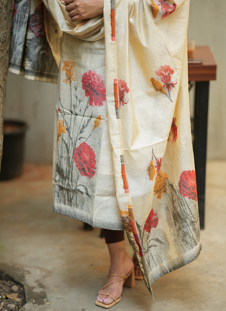 Cream Floral Printed Cotton Kurta And Dupatta