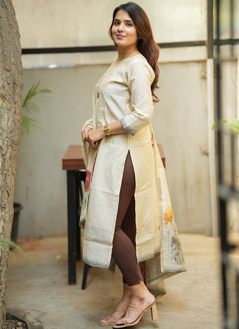 Cream Floral Printed Cotton Kurta And Dupatta