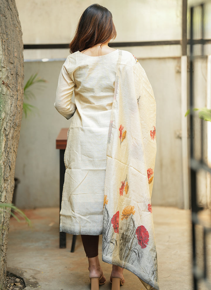 Cream Floral Printed Cotton Kurta And Dupatta