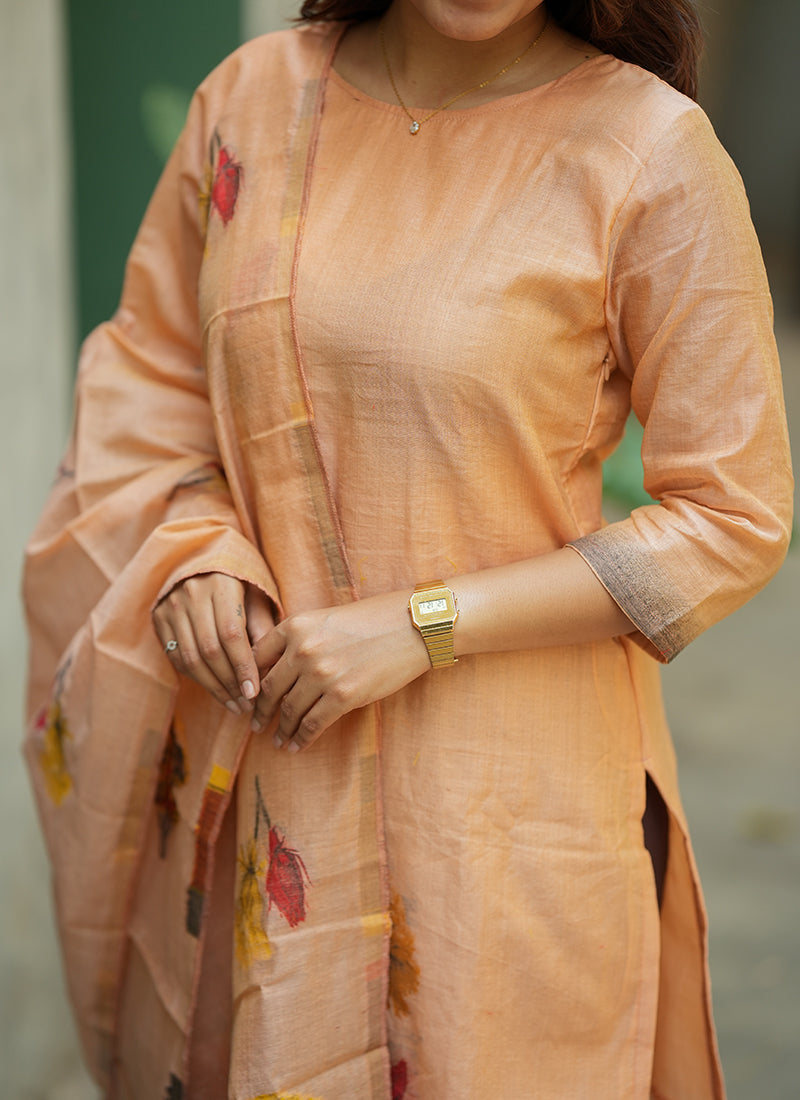 Peach Floral Printed Cotton Kurta And Dupatta