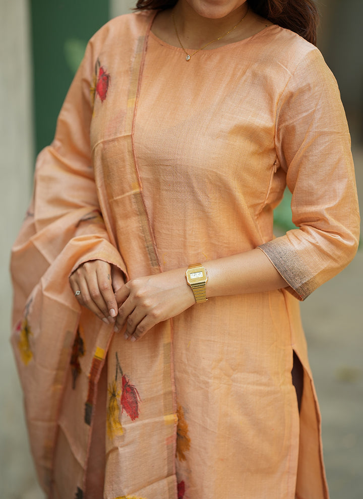 Peach Floral Printed Cotton Kurta And Dupatta