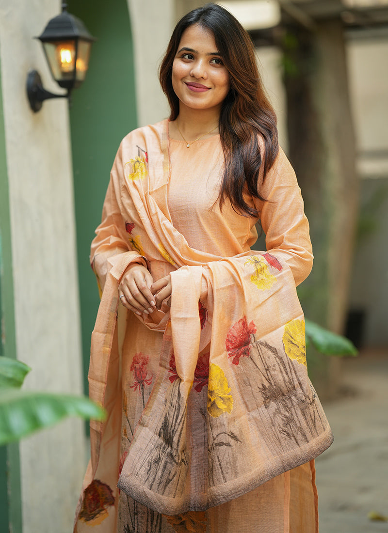 Peach Floral Printed Cotton Kurta And Dupatta