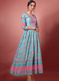 Sky Blue Printed Motifs Chinon Designer Long Gown