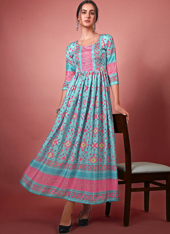 Sky Blue Printed Motifs Chinon Designer Long Gown