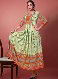 Pista Green Digital Printed Chinon Gown