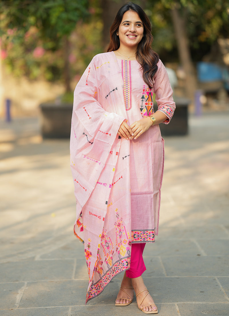 Pastel Pink Geometric Embroidered Cotton Kurta And Dupatta