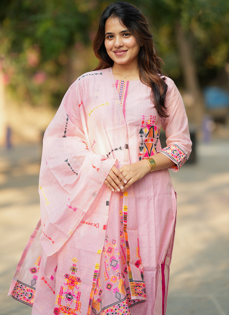 Pastel Pink Geometric Embroidered Cotton Kurta And Dupatta