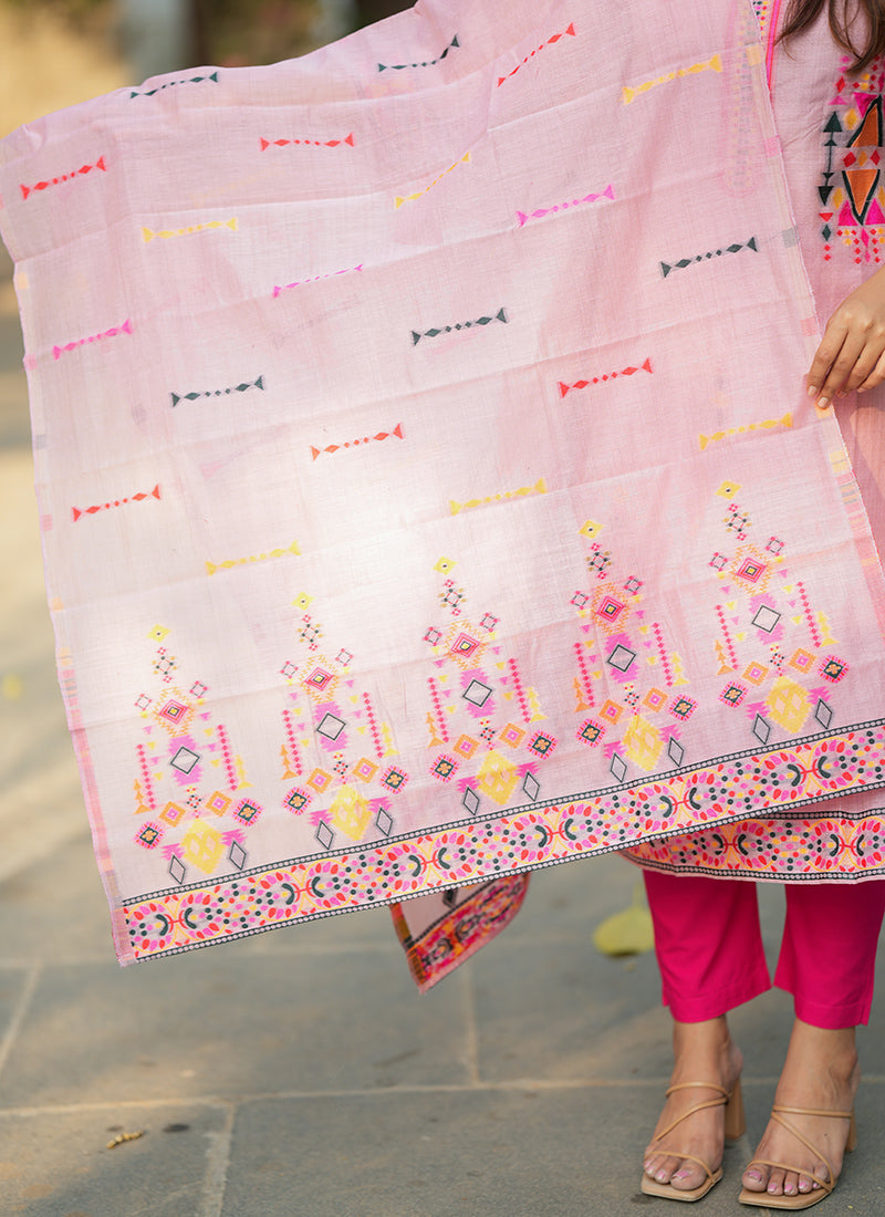 Pastel Pink Geometric Embroidered Cotton Kurta And Dupatta