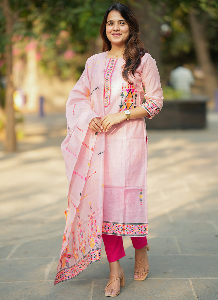 Pastel Pink Geometric Embroidered Cotton Kurta And Dupatta