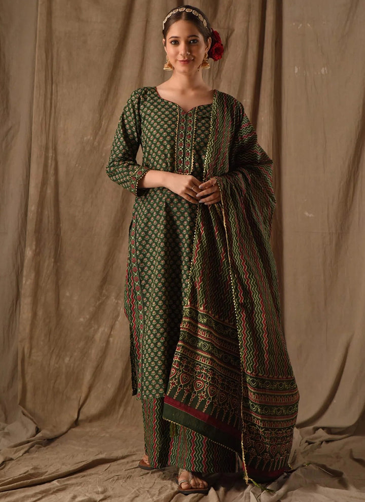 Green Rayon Slub Printed Palazzo Style Kurta Set