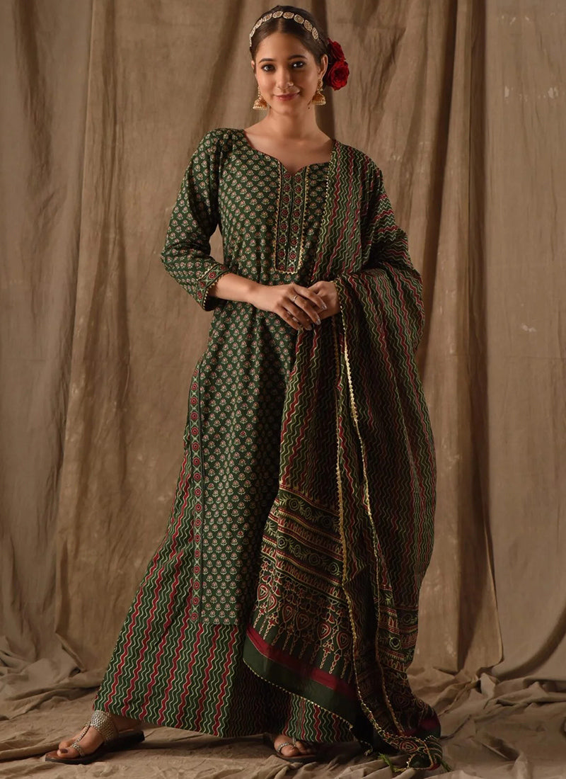 Green Rayon Slub Printed Palazzo Style Kurta Set