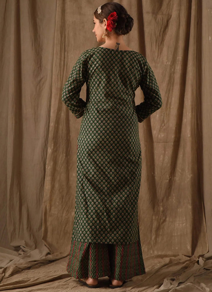 Green Rayon Slub Printed Palazzo Style Kurta Set