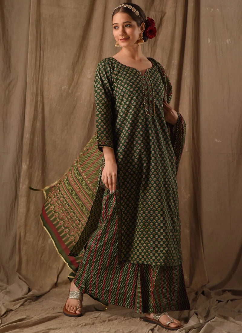 Green Rayon Slub Printed Palazzo Style Kurta Set