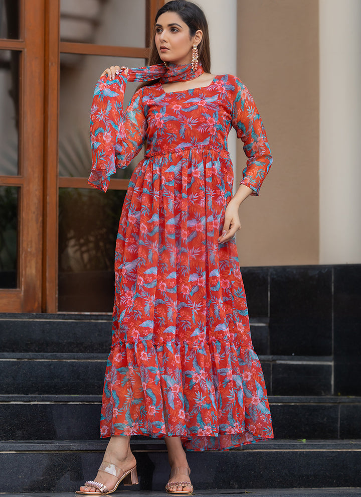 Rust Color Georgette Printed Dress