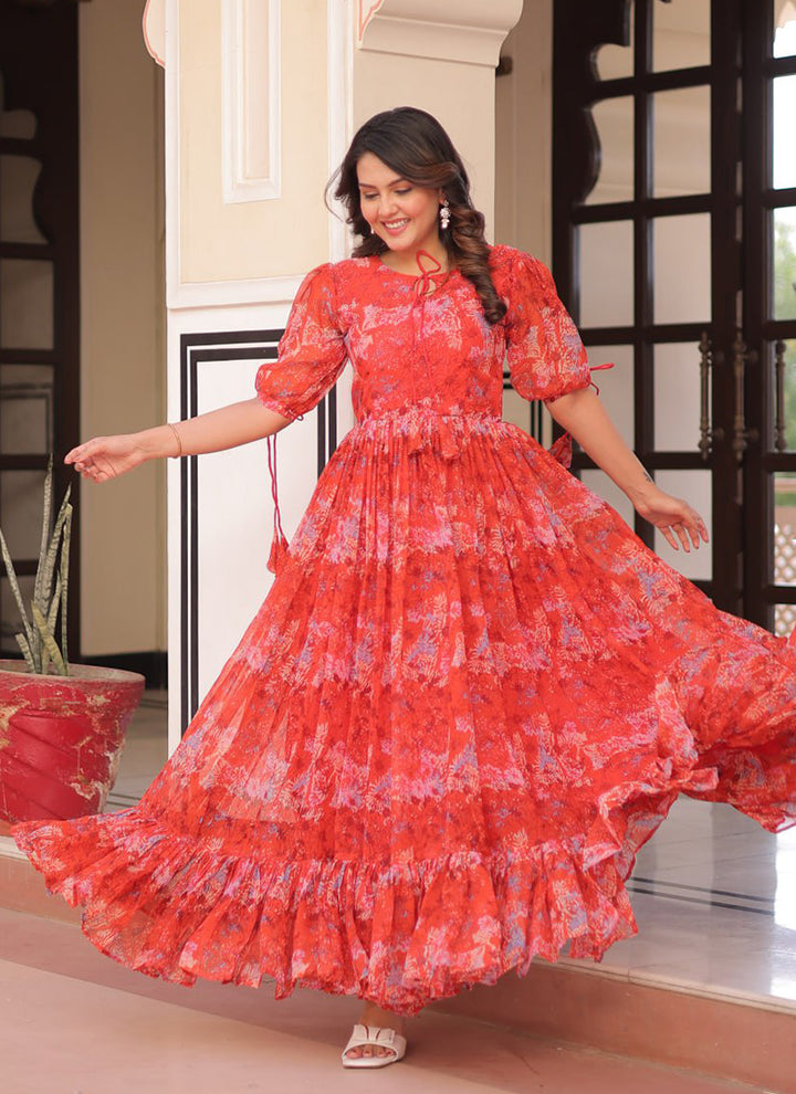 Red Faux Georgette Printed Party Wear Gown
