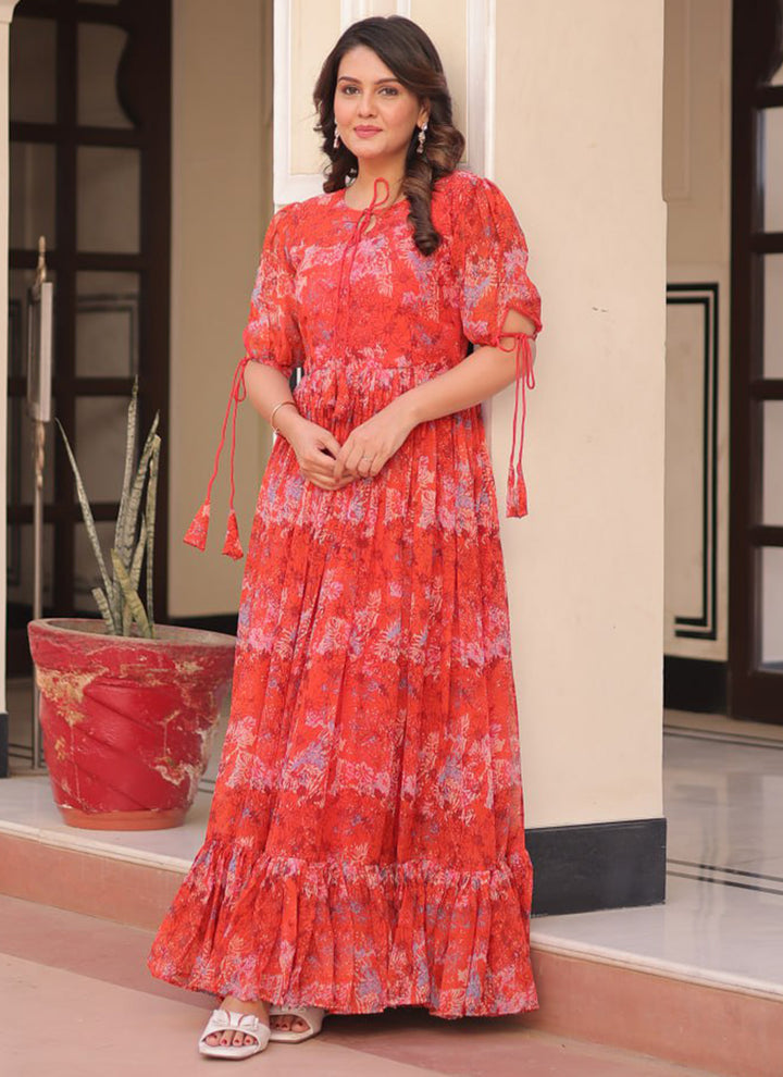Red Faux Georgette Printed Party Wear Gown