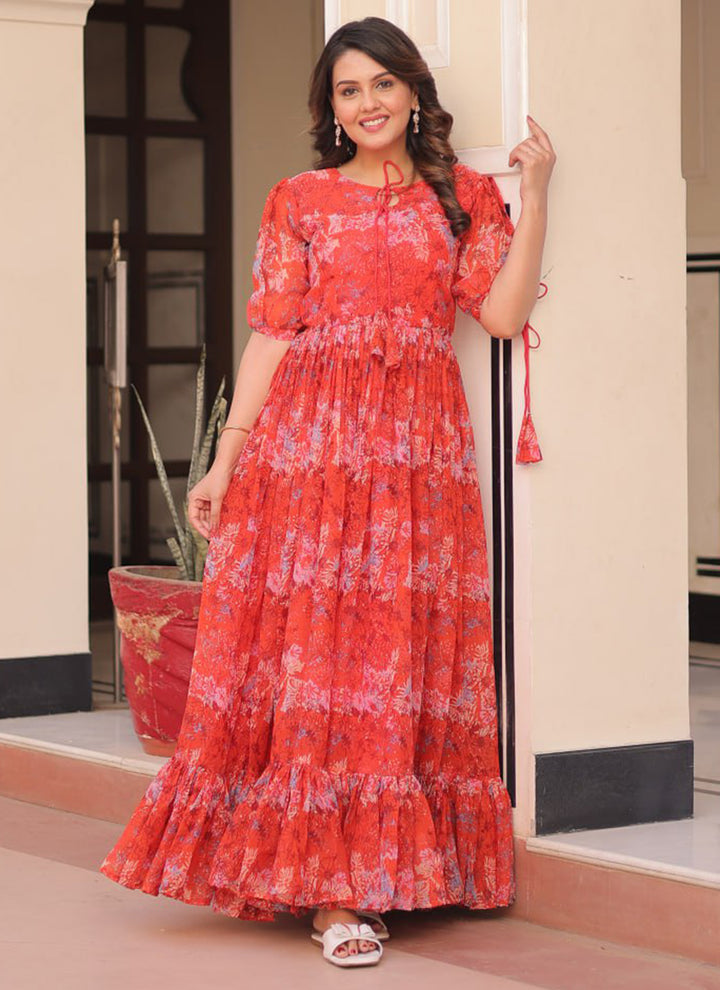 Red Faux Georgette Printed Party Wear Gown