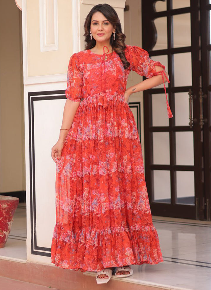 Red Faux Georgette Printed Party Wear Gown