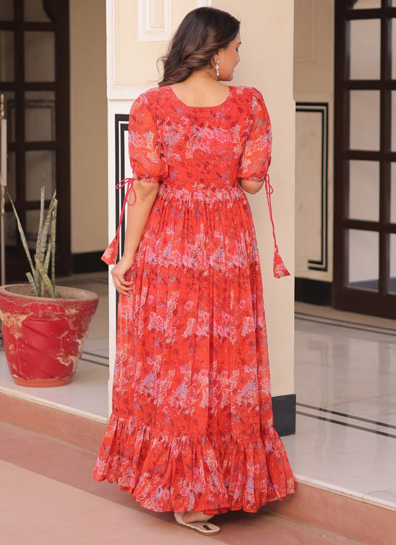 Red Faux Georgette Printed Party Wear Gown