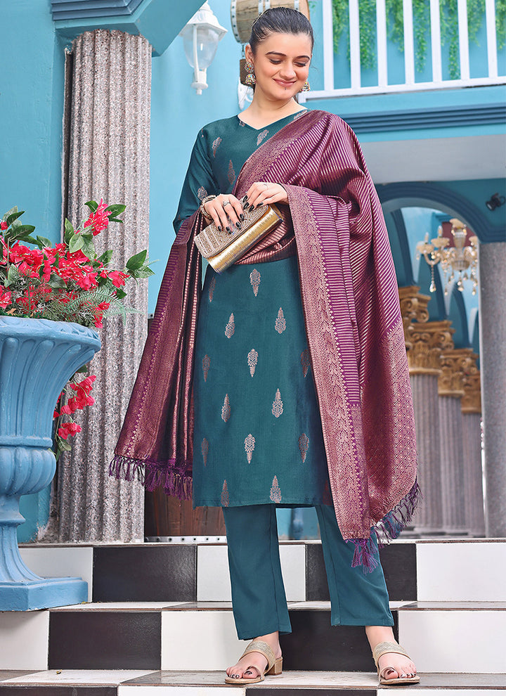 Teal Blue Woven Jacquard Festive Kurta Set