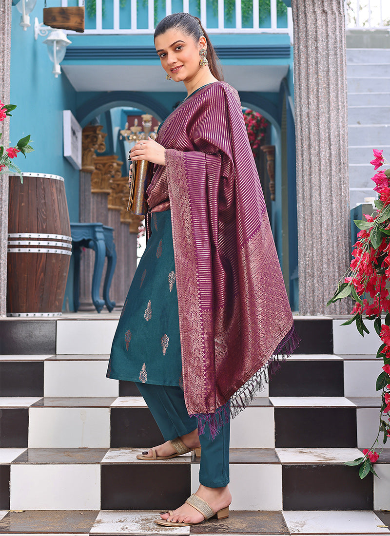 Teal Blue Woven Jacquard Festive Kurta Set