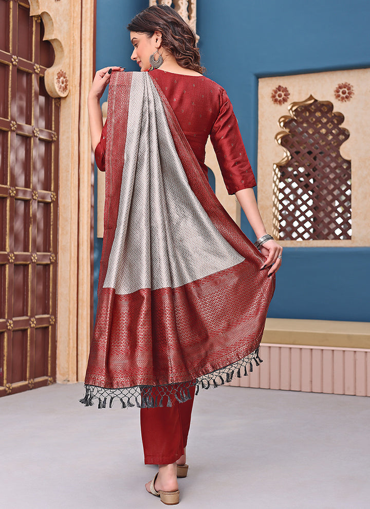 Maroon Silk Jacquard Woven Festive Kurta Set