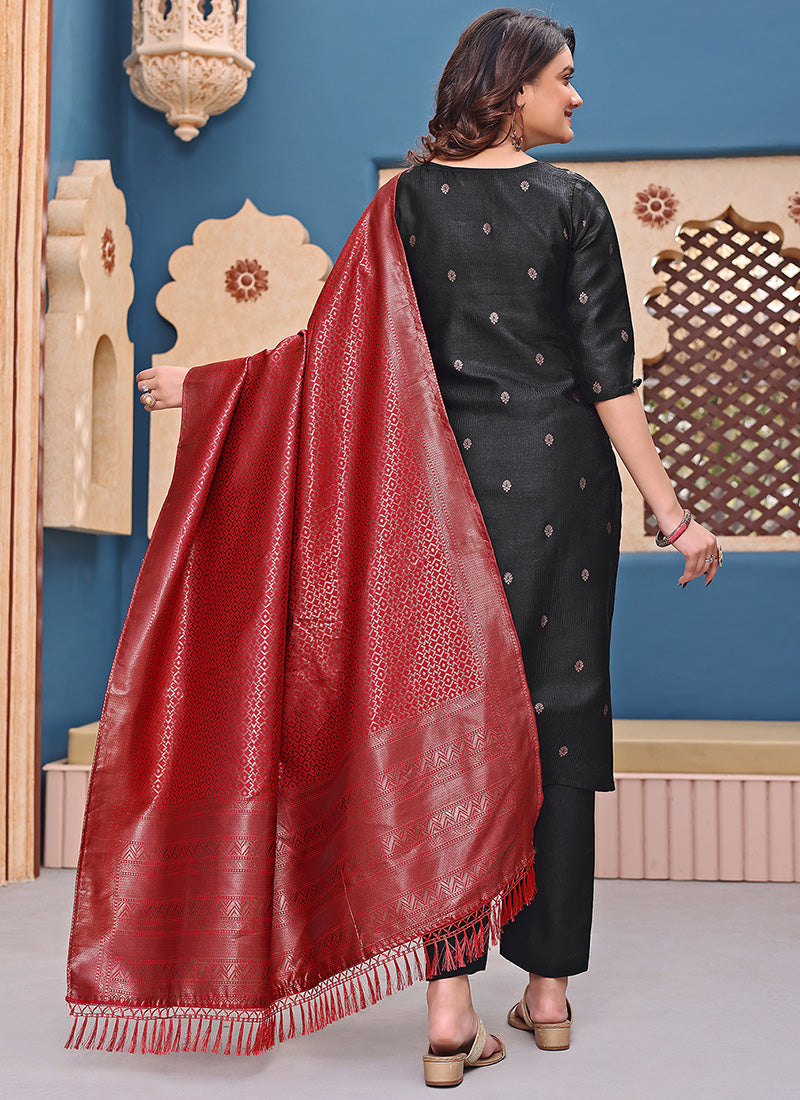 Black Jacquard Silk Woven Straight Kurta Set