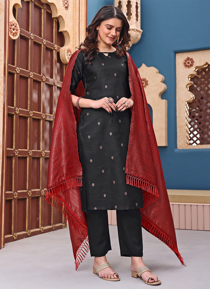 Black Jacquard Silk Woven Straight Kurta Set