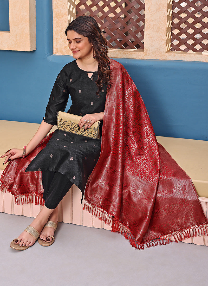 Black Jacquard Silk Woven Straight Kurta Set