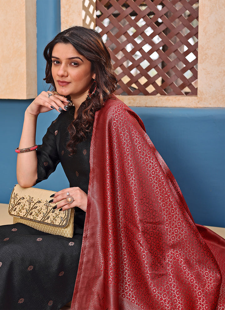 Black Jacquard Silk Woven Straight Kurta Set