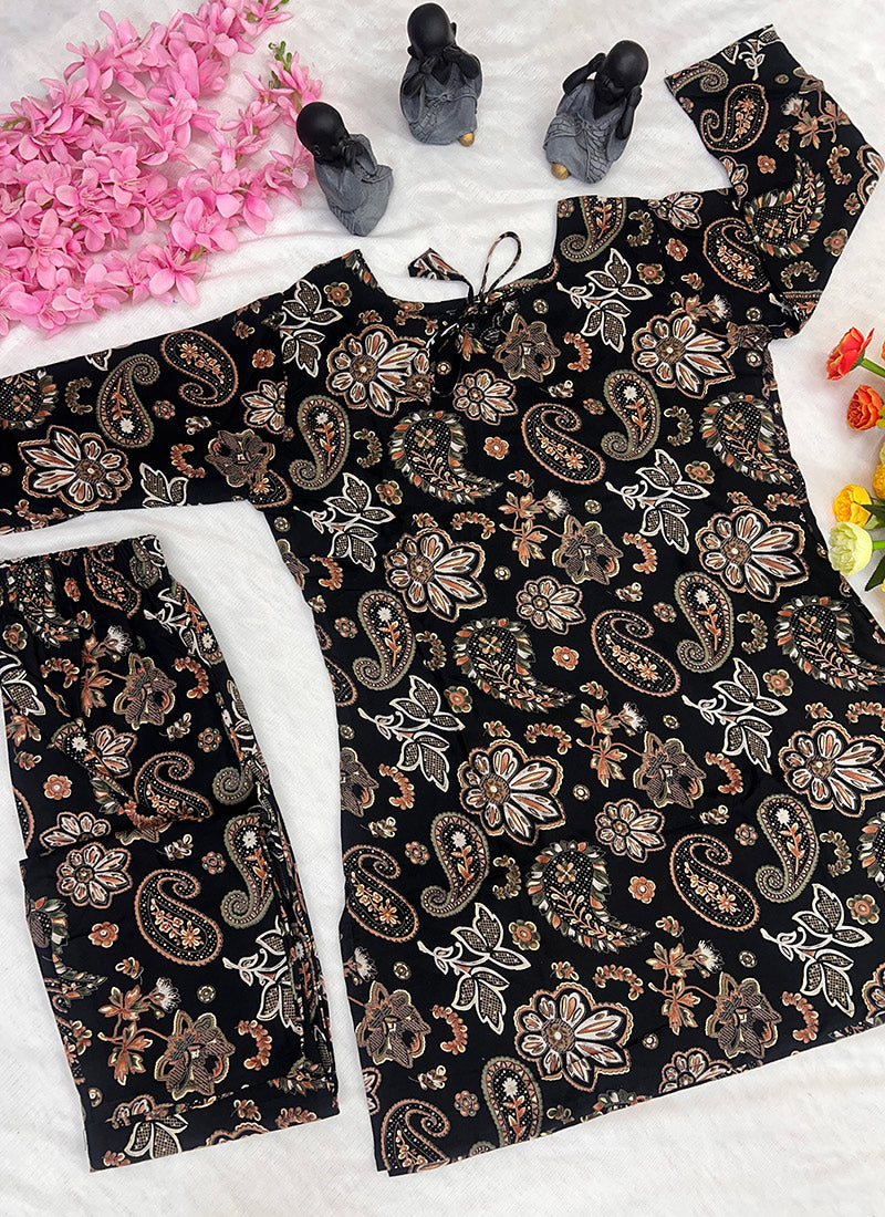 Black Soft Rayon Cotton Printed Outwear Cord Set