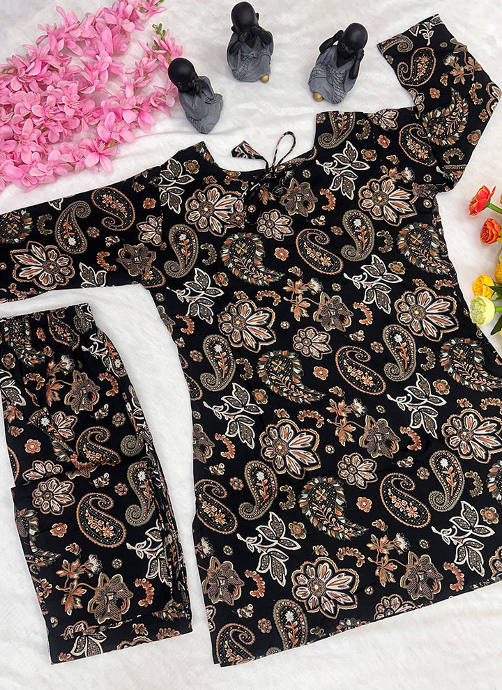 Black Soft Rayon Cotton Printed Outwear Cord Set
