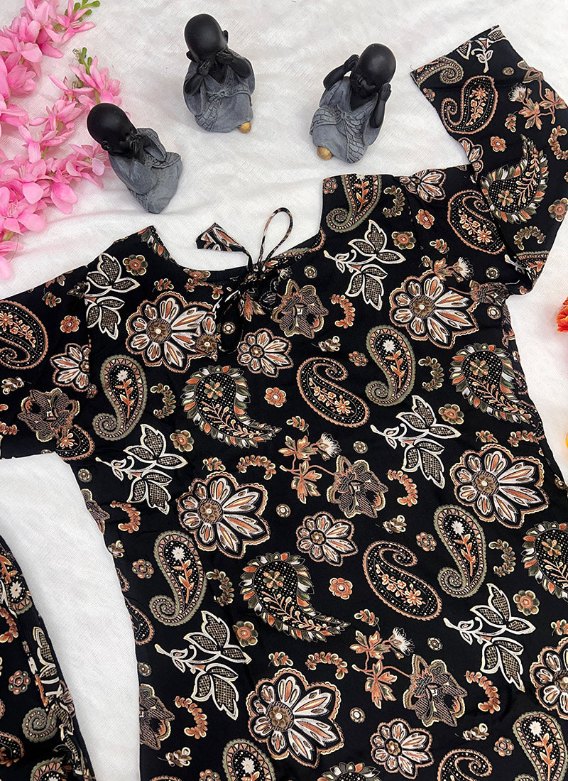 Black Soft Rayon Cotton Printed Outwear Cord Set