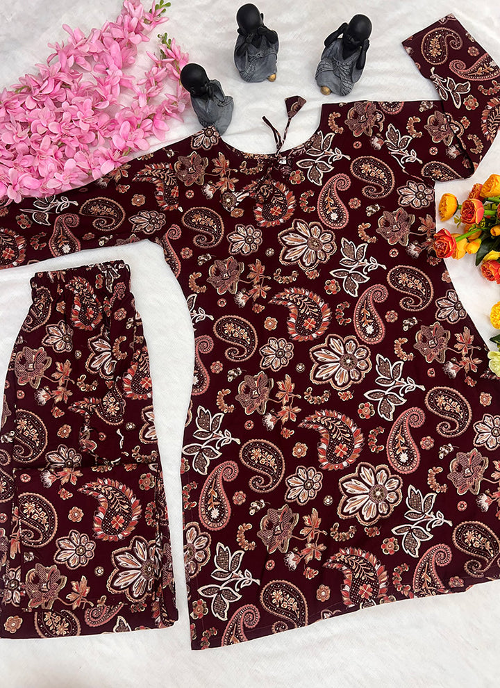 Maroon Soft Rayon Cotton Printed Outwear Cord Set