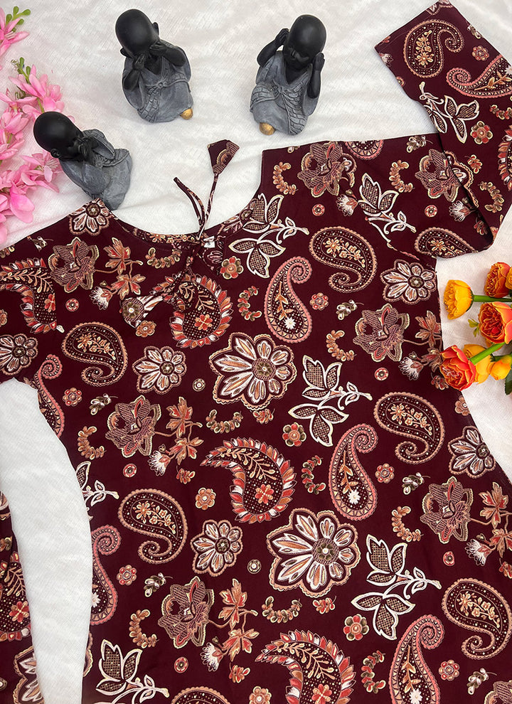 Maroon Soft Rayon Cotton Printed Outwear Cord Set