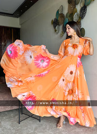 Orange Floral Printed Organza Partywear Maxi Dress